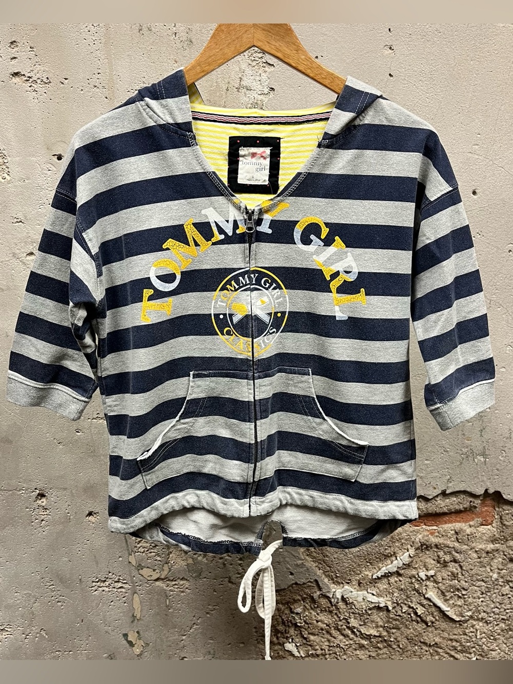 Vintage Y2K Tommy Girl Blue Striped Half Sleeve Hoodie Sweatshirt Mallcore L 90s